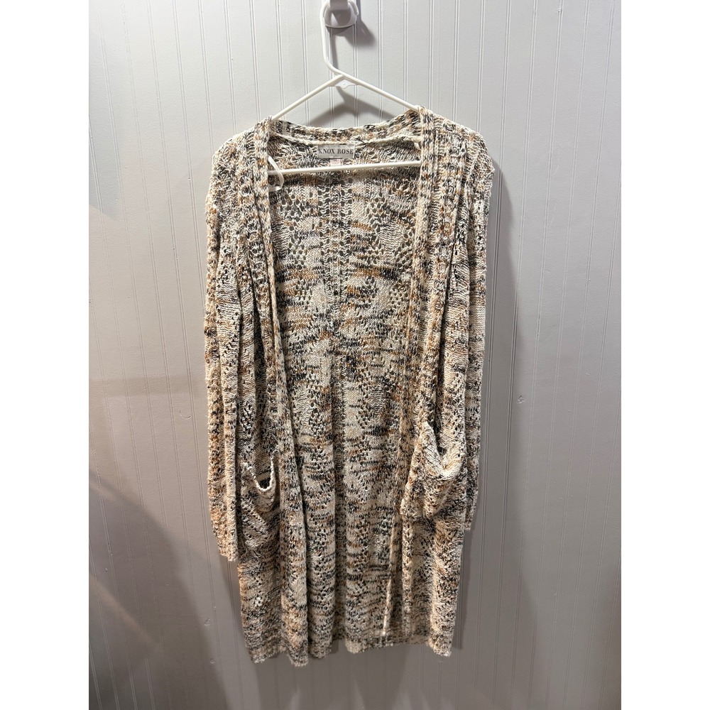 Knox Rose Womens Space Dye Pointelle Open Front Duster Cardigan Sweater Tan M